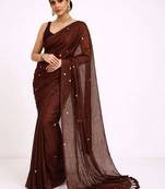 brown embellished mirror work pure cotton handloom khadi saree