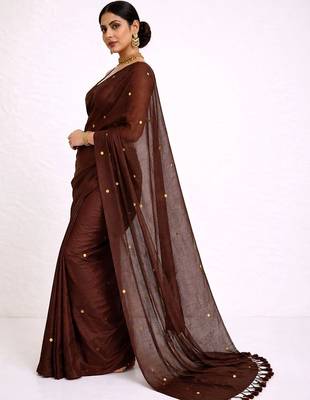 brown embellished mirror work pure cotton handloom khadi saree 2