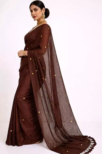 brown embellished mirror work pure cotton handloom khadi saree