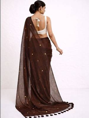 brown embellished mirror work pure cotton handloom khadi saree 3