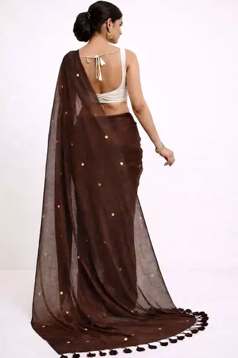 brown embellished mirror work pure cotton handloom khadi saree