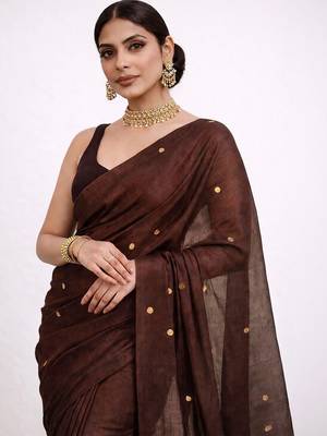 brown embellished mirror work pure cotton handloom khadi saree 5