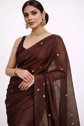 brown embellished mirror work pure cotton handloom khadi saree