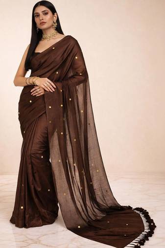 brown mirror work pure cotton handloom khadi saree
