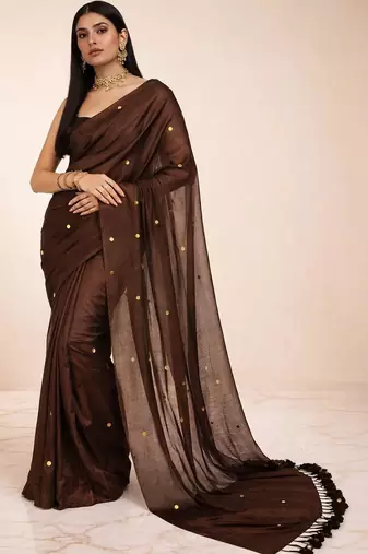 brown mirror work pure cotton handloom khadi saree