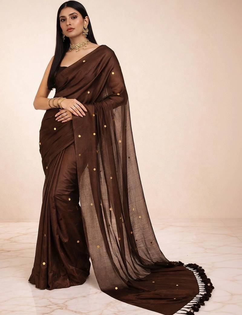 brown mirror work pure cotton handloom khadi saree