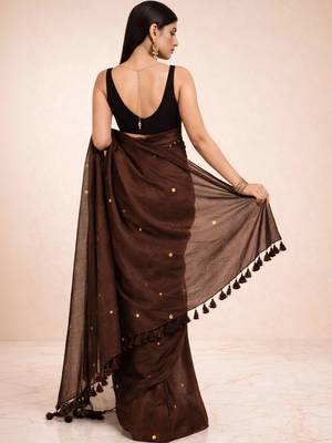 brown mirror work pure cotton handloom khadi saree 3
