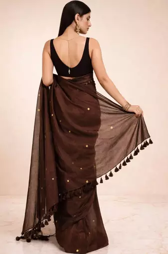 brown mirror work pure cotton handloom khadi saree