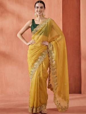 yellow embellished embroidered art silk designer saree 1