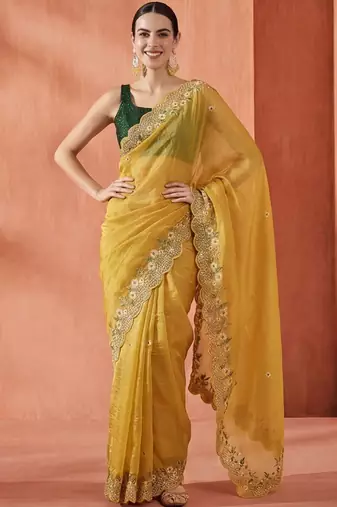 yellow embellished embroidered art silk designer saree