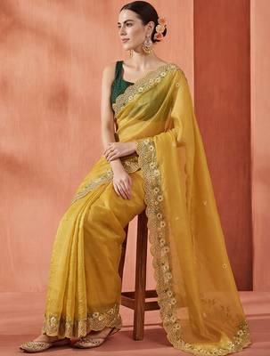 yellow embellished embroidered art silk designer saree 2