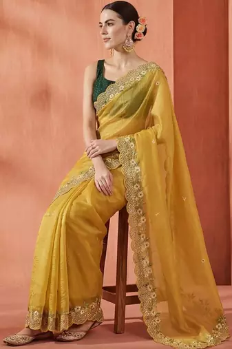 yellow embellished embroidered art silk designer saree