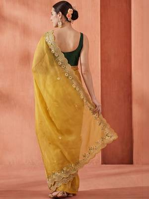 yellow embellished embroidered art silk designer saree 3