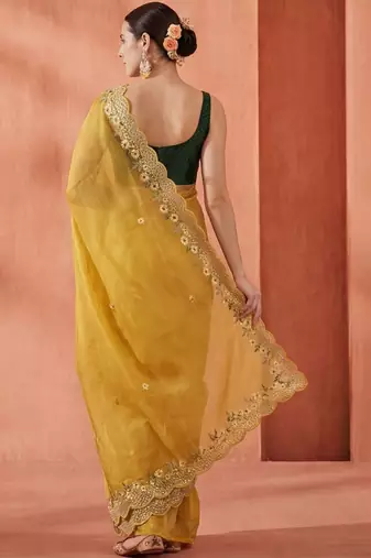 yellow embellished embroidered art silk designer saree