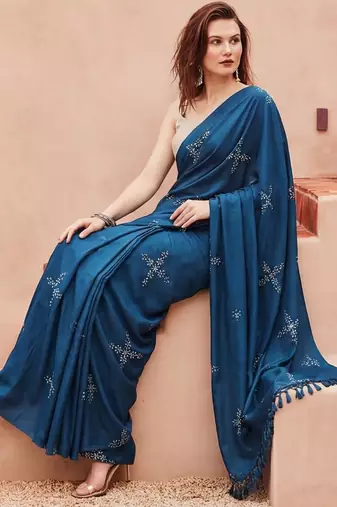blue floral designer saree