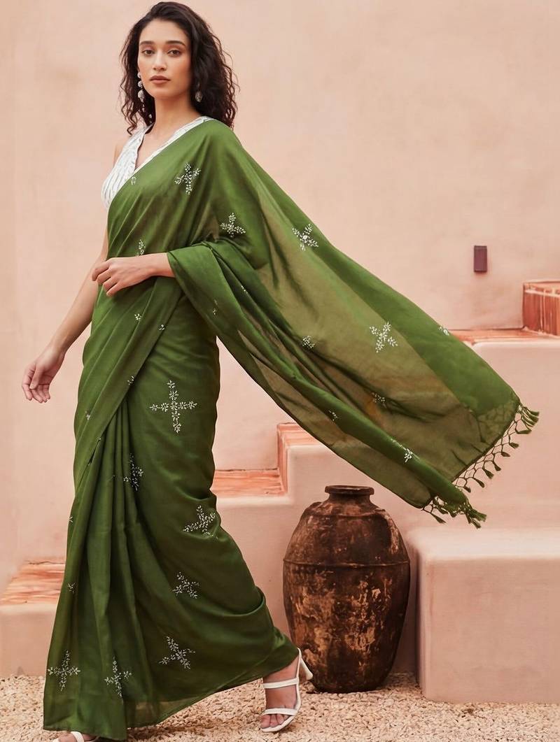 olive floral designer saree