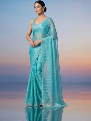 turquoise embroidered work silk unstitched blouse piece & sarees 1