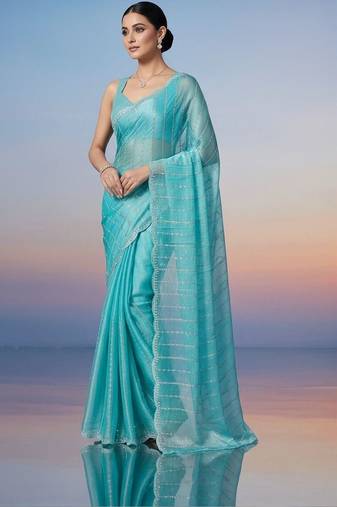 turquoise embroidered work silk unstitched blouse piece & sarees