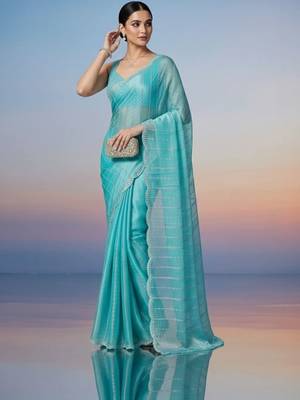 turquoise embroidered work silk unstitched blouse piece & sarees 2