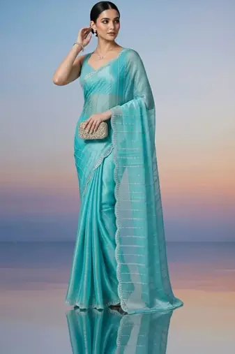 turquoise embroidered work silk unstitched blouse piece & sarees