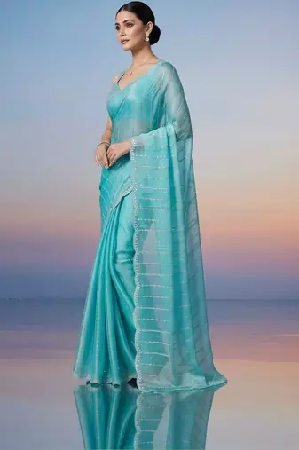 turquoise embroidered work silk unstitched blouse piece & sarees