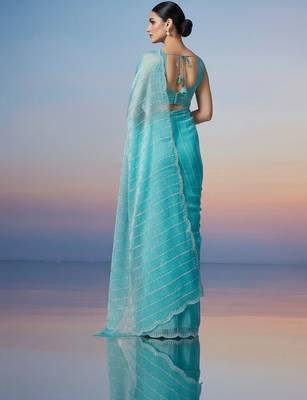 turquoise embroidered work silk unstitched blouse piece & sarees 5
