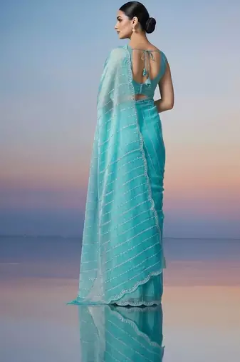 turquoise embroidered work silk unstitched blouse piece & sarees