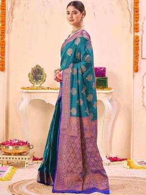 teal ethnic motifs woven design zari saree 1