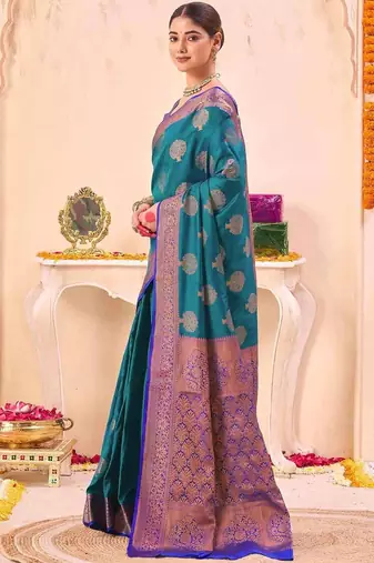 teal ethnic motifs woven design zari saree