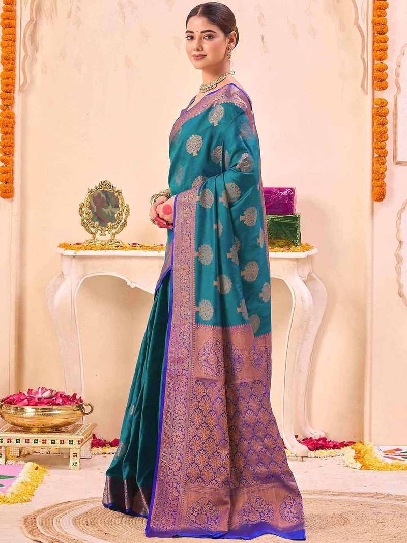 teal ethnic motifs woven design zari saree