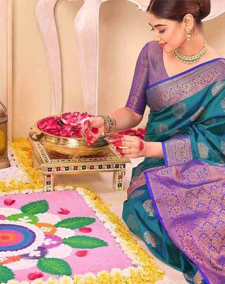 teal ethnic motifs woven design zari saree 2