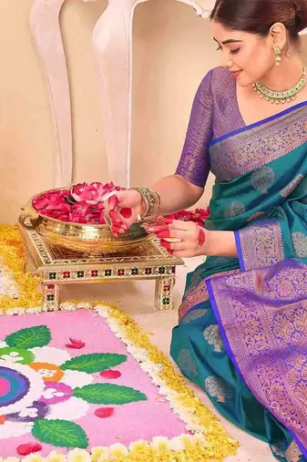 teal ethnic motifs woven design zari saree