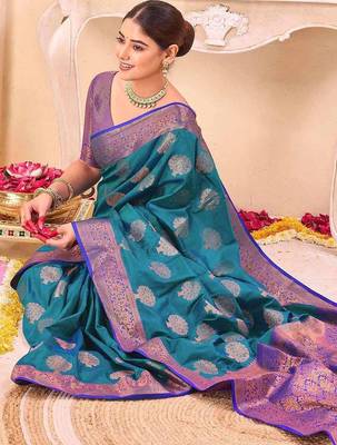 teal ethnic motifs woven design zari saree 3
