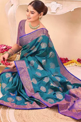 teal ethnic motifs woven design zari saree