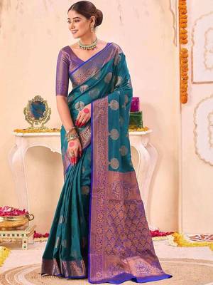 teal ethnic motifs woven design zari saree 4