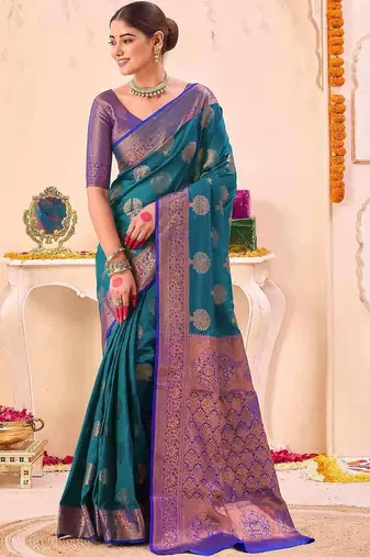 teal ethnic motifs woven design zari saree