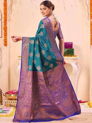 teal ethnic motifs woven design zari saree 5