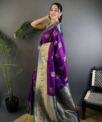 purple woven design zari banarasi saree with blouse piece 2
