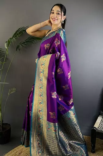 purple woven design zari banarasi saree with blouse piece