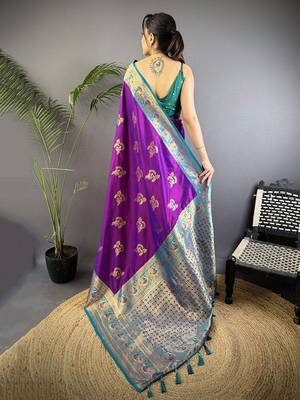 purple woven design zari banarasi saree with blouse piece 3