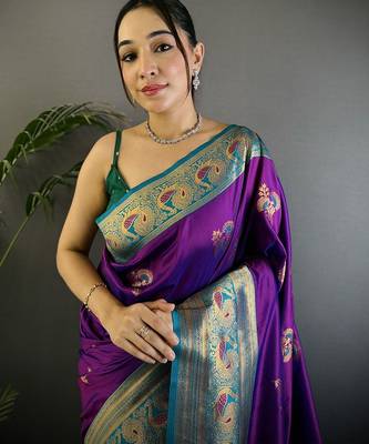 purple woven design zari banarasi saree with blouse piece 4