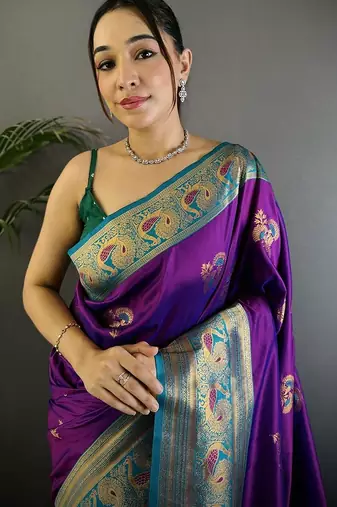 purple woven design zari banarasi saree with blouse piece