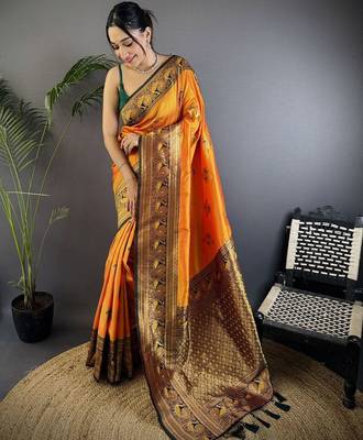 orange woven design zari banarasi saree 1