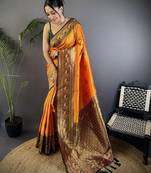 orange woven design zari banarasi saree