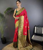 magenta woven design zari banarasi saree with blouse piece