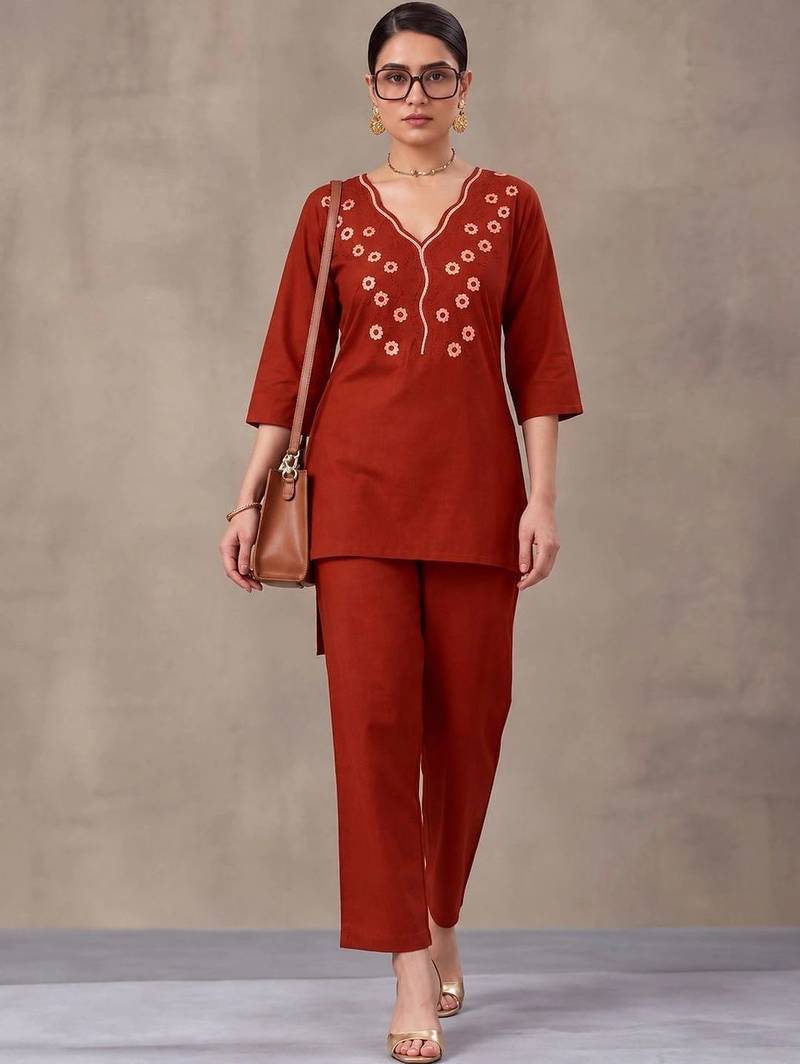 women ethnic motifs embroidered regular thread work kurta with trousers