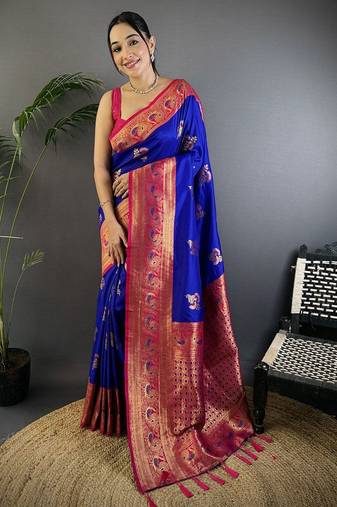 blue woven design zari banarasi saree