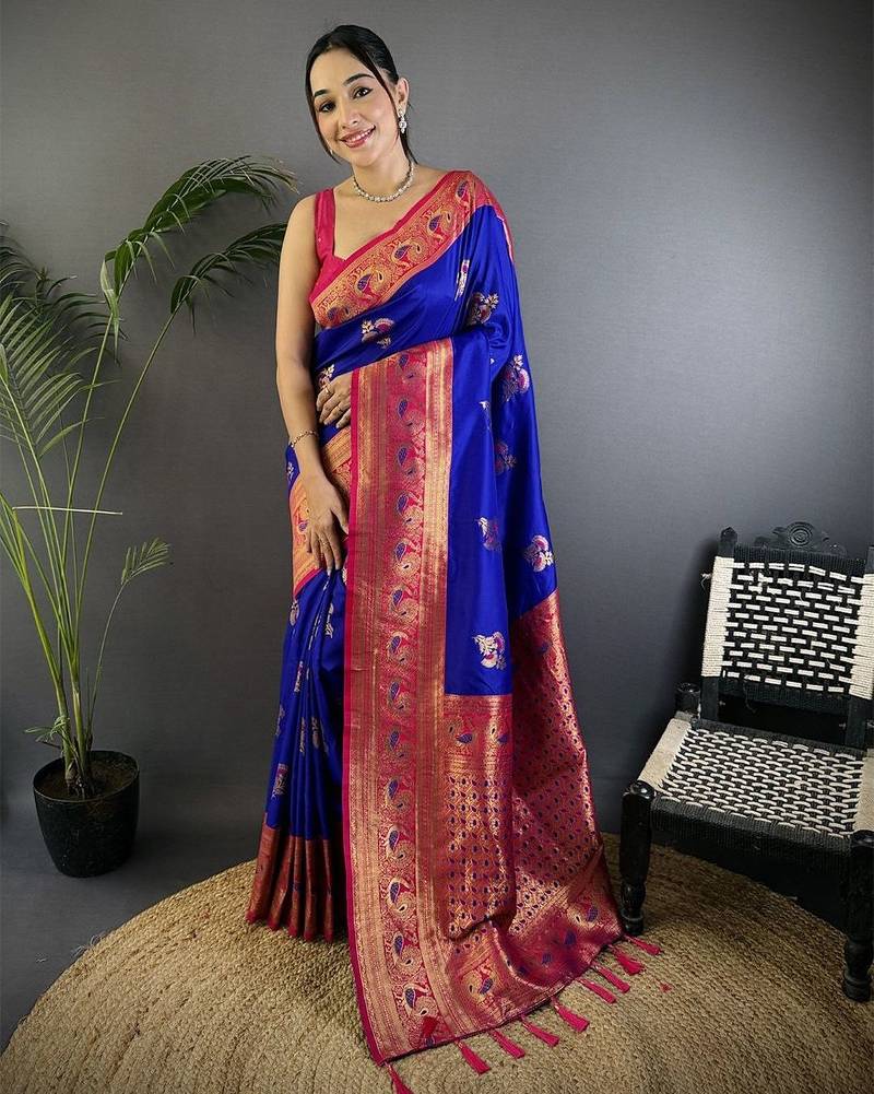 blue woven design zari banarasi saree