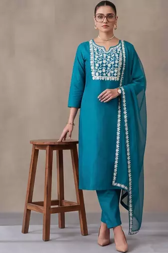 women ethnic motifs embroidered regular thread work kurta with trousers & with dupatta