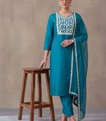 women ethnic motifs embroidered regular thread work kurta with trousers & with dupatta